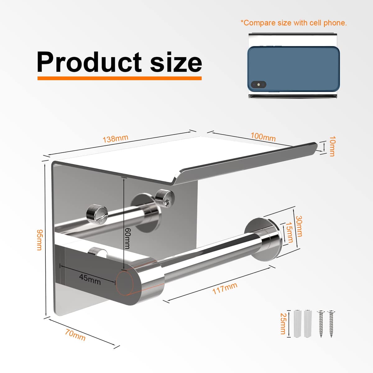 Ibergrif MK34053 - Portarrollos Adhesivo Sin Tapa de Papel Higiénico con el Teléfono Móvil Estante de Almacenamiento, Plata, Acero Inoxidable — view 6