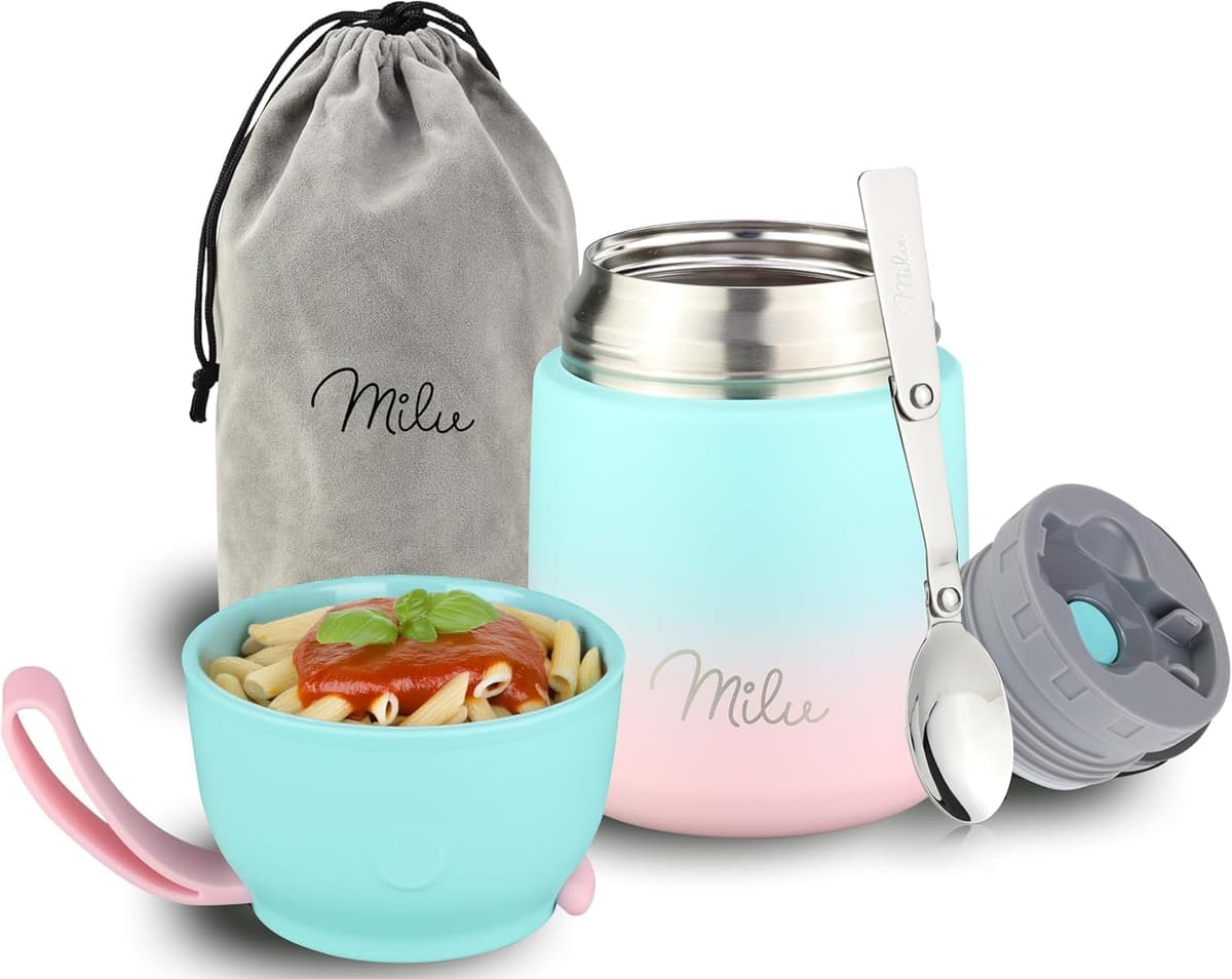 Milu Termo para Comida 450 ml Taza Aislada, Botella de Acero Inoxidable Aislada Alimentos, Beber y sopa de los niños de adultos Térmico (450ml/Verde Azul) — view 54