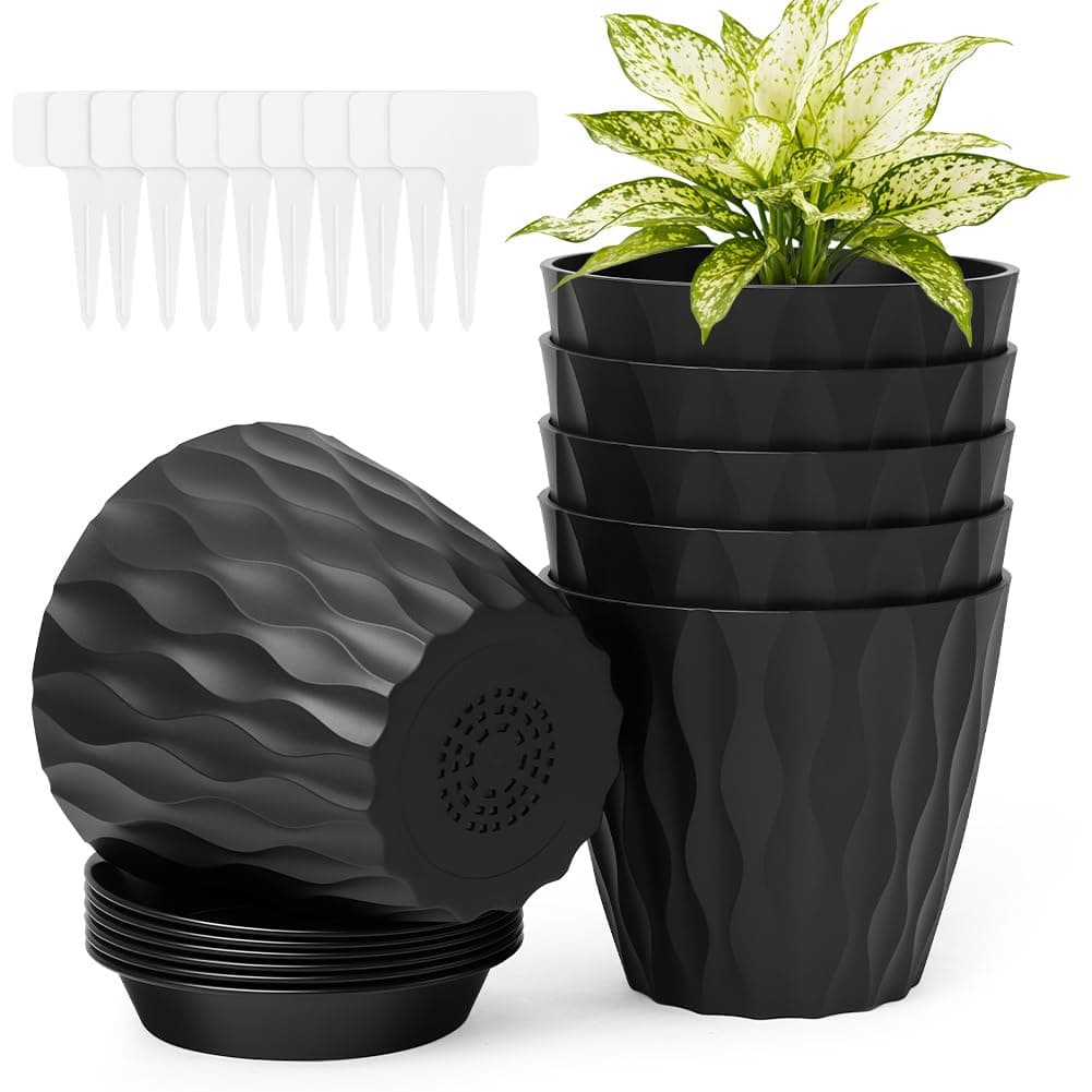 Macetero con Plato, 6pcs Maceta Redonda Clásica de Plástico con Agujeros de Drenaje, 13.5cm Altura x 15cm Diámetro Superior x 9cm Diámetro Base, Apto balcón, Patio, Interior/Exterior（Negro）