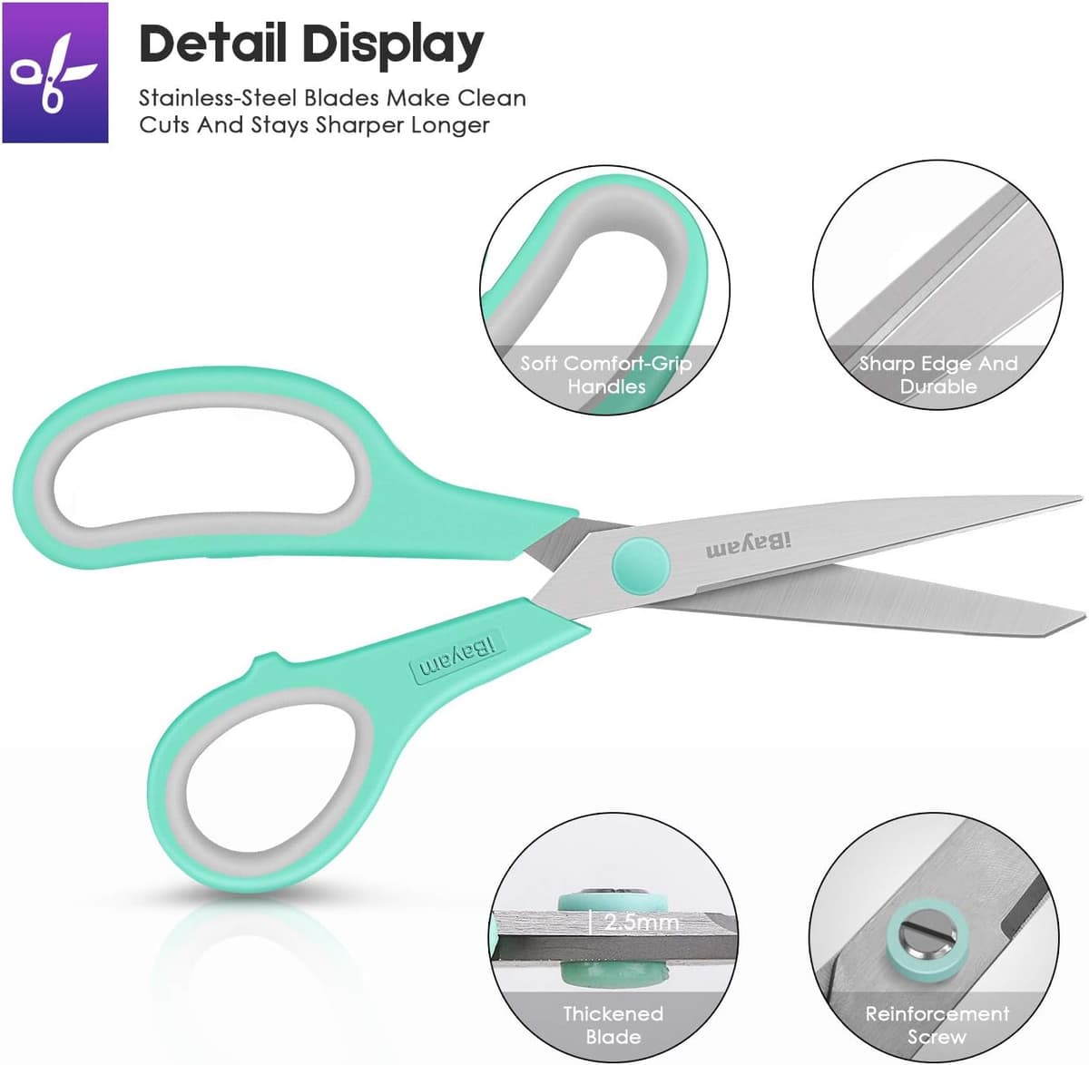 8" Multipurpose Scissors 3 Pack with Ultra Sharp Blades, Comfort-Grip Handles, Sturdy for School Home Office Art Craft Sewing — view 2