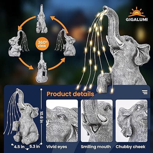 GIGALUMI Solar Garden Decor Watering Elephant Statues Outdoor, Birthday Gifts for Women Mom Grandma Senior Elder, Elephant Ornament for Balcony, Garden, Patio, Yard, Lawn (Constant Lights Only) — view 2