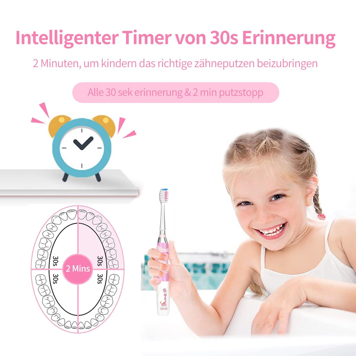 Seago Cepillo de Dientes Infantil Eléctrico Para Niños 3–12 Años Kids Con Luz de Colores,Temporizador Inteligente de 2 minutos,4 Cabezales Suaves SG-EK6/SG-977 (Rosa) — view 4