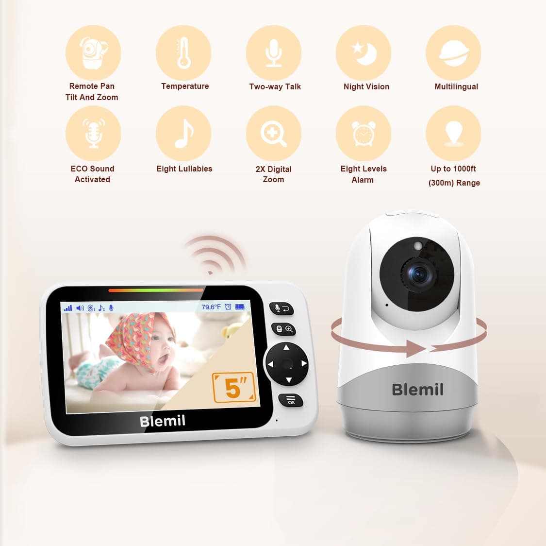 Blemil 5" Split-Screen Baby Monitor with 30-Hour Battery, Large Video Baby Monitor with Camera and Night Vision, Remote Pan/Tilt/Zoom Camera, Two-Way Talk, Lullabies, No WiFi,Up to 1000ft — view 2