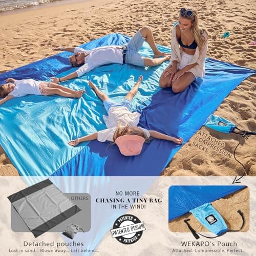 Wekapo Beach Blanket Sandproof, Beach Mat, Big & Compact Sand Free Mat Quick Drying, Lightweight & Durable with 6 Stakes & 4 Corner Pockets, Standard (1~3 person) — view 2
