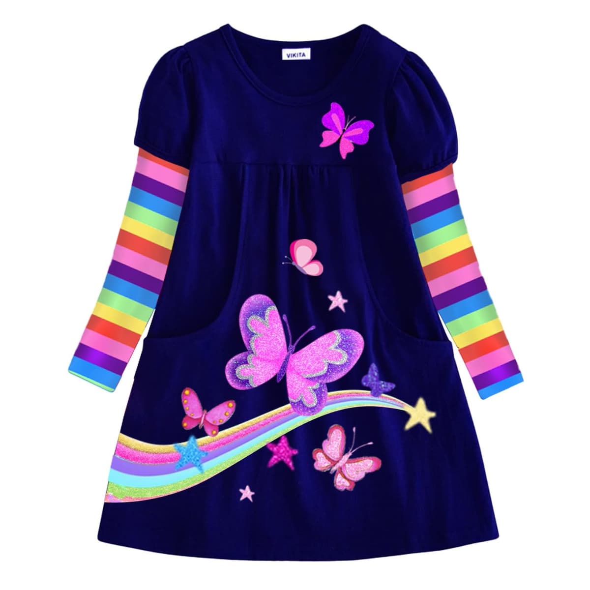 VIKITA Niñas Vestidos Algodón Animal Bordado Manga Larga Vestido para Niños