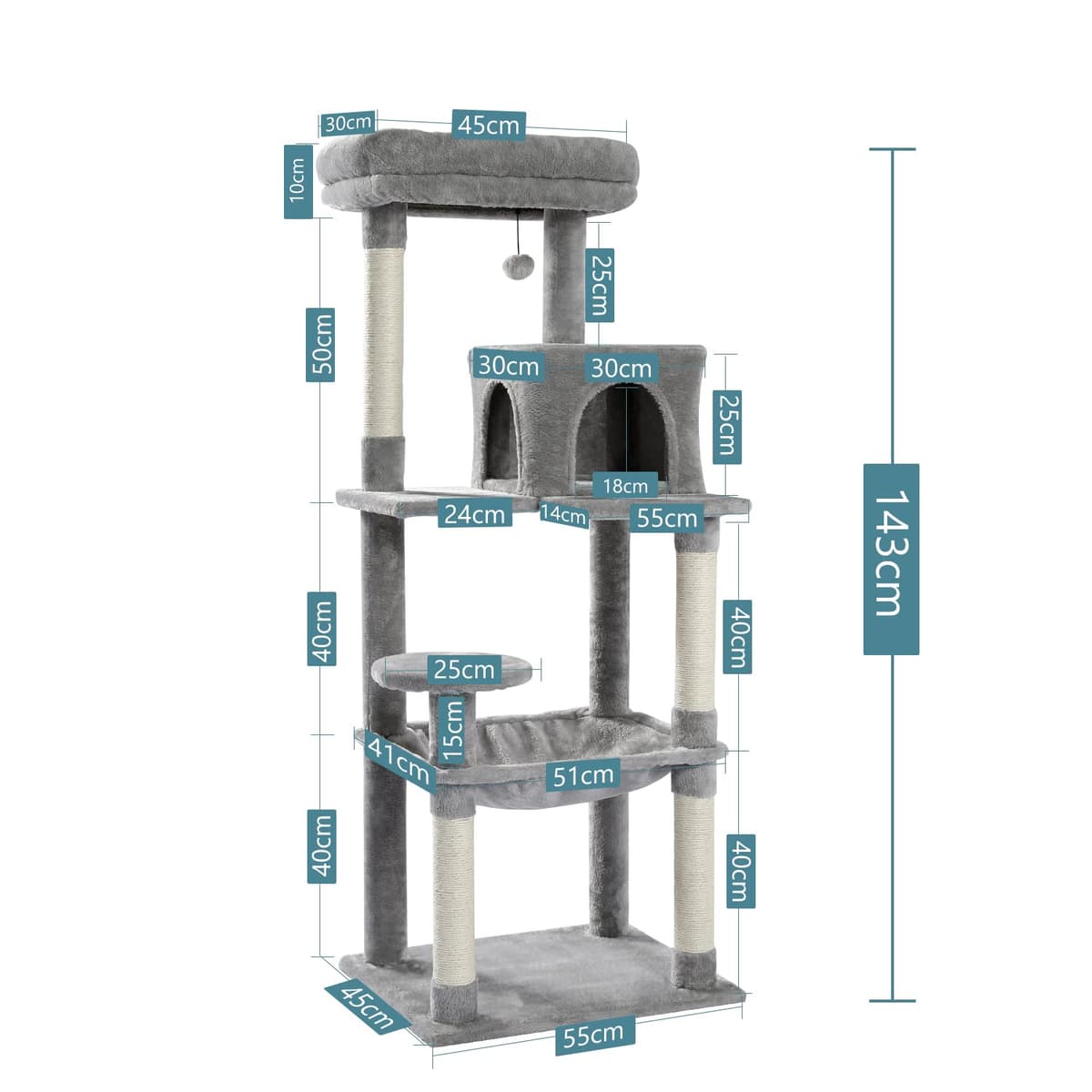 PAWZ Road 143cm Cat Tree for Indoor Cats with Metal Frame Large Hammock, 56.3 Inches Big Cat Tower with Scratching Posts and Top Perch, 4.7ft Multi-Level Activity Center with Replaceable Pompon, Grey — view 2