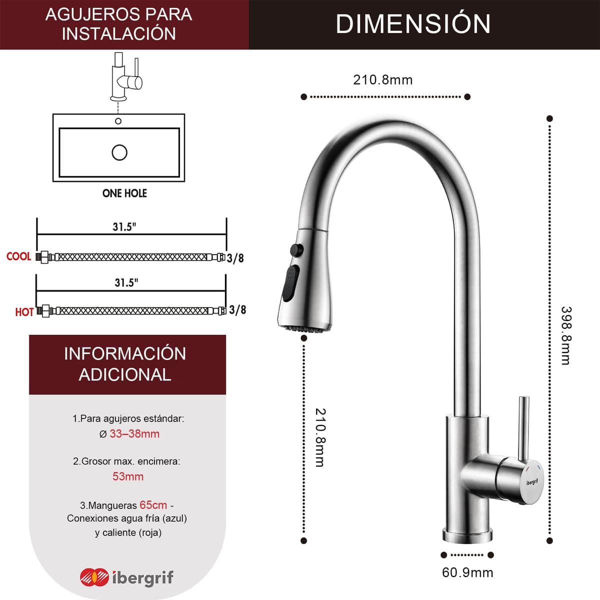 Ibergrif Grifo Cocina Extraíble, Grifo Cocina Fregadero 360° Giratorio, 3 Modos de Agua, Acero Inoxidable 304, Ahorro Energético 30%, Instalación Sin Herramientas en 5 Minutos, M22137 — view 2