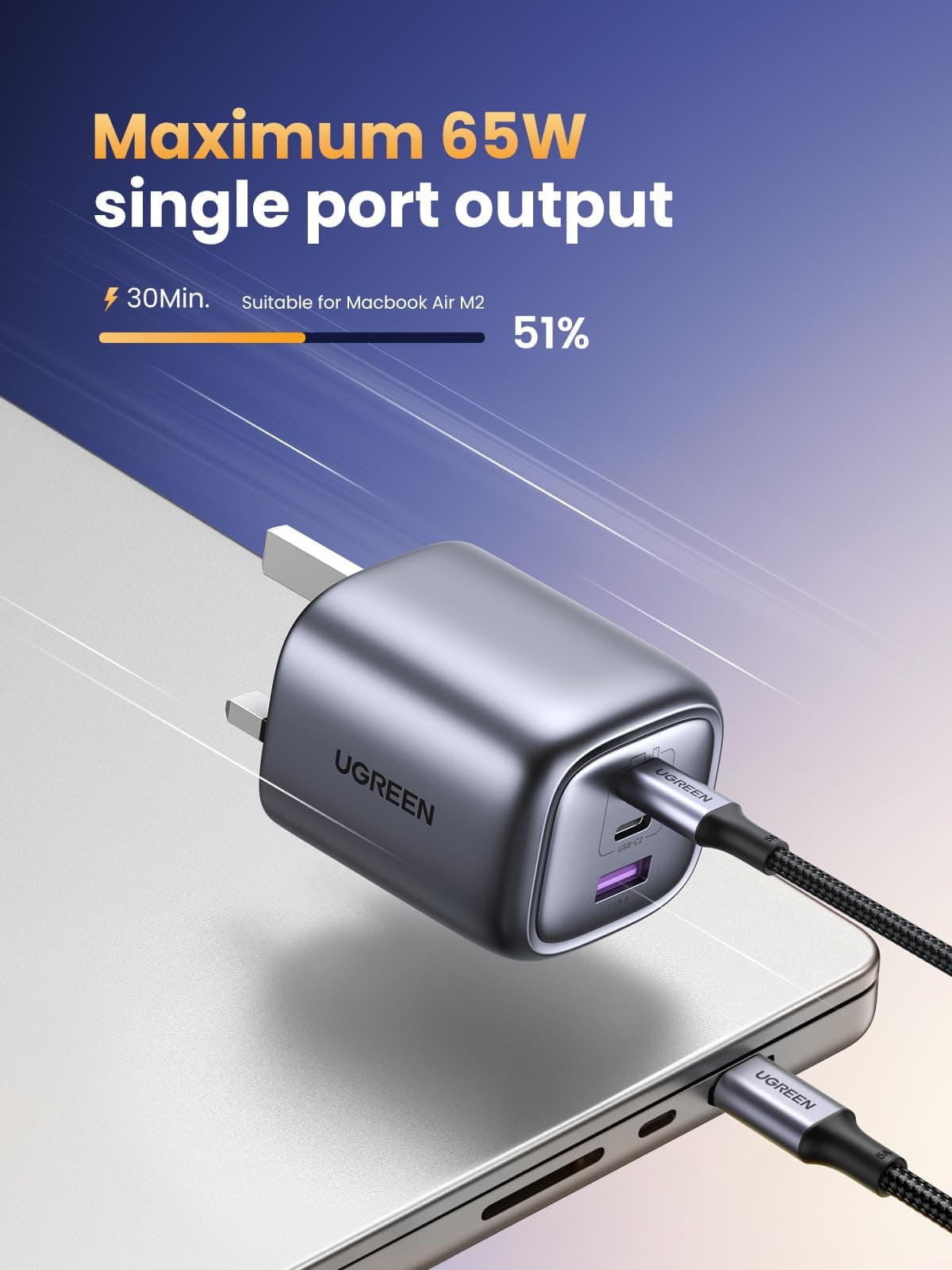 UGREEN USB C Plug Charger, 65W Nexode Foldable Fast GaN 3-Port Charger, Support PPS/PD3.0, Compatible with MacBook Pro/Air, iPhone 17/17 Pro/16/15, iPad, Galaxy S25/S24, etc — view 3