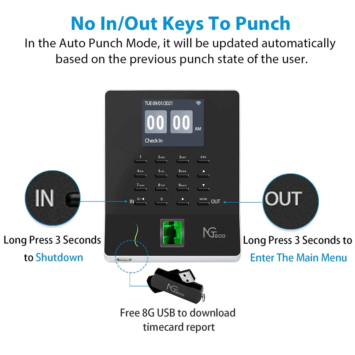 NGTeco Fingerprint clocking in machine for Small Business WiFi Time Card Machine, Office Punch Clock Automatic in and Out with APP for iOS Android (0 Monthly Fees) — view 4