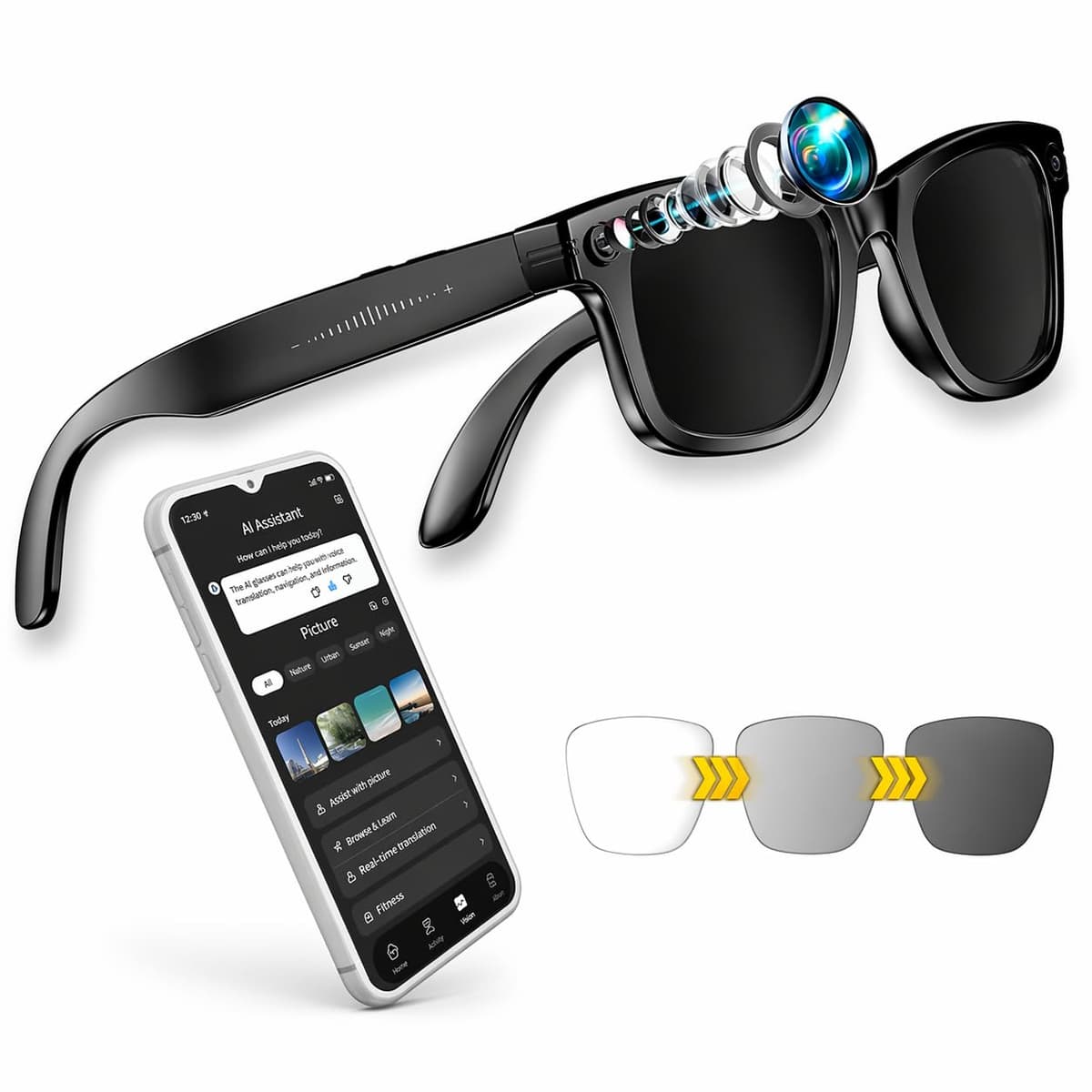 Lens AI Gafas Inteligentes con Cámara 32MP, 32GB, WiFi y Bluetooth, Traducción en Tiempo Real, Control por Voz y Táctil, IP65 (Cristal Fotocromático) — view 2
