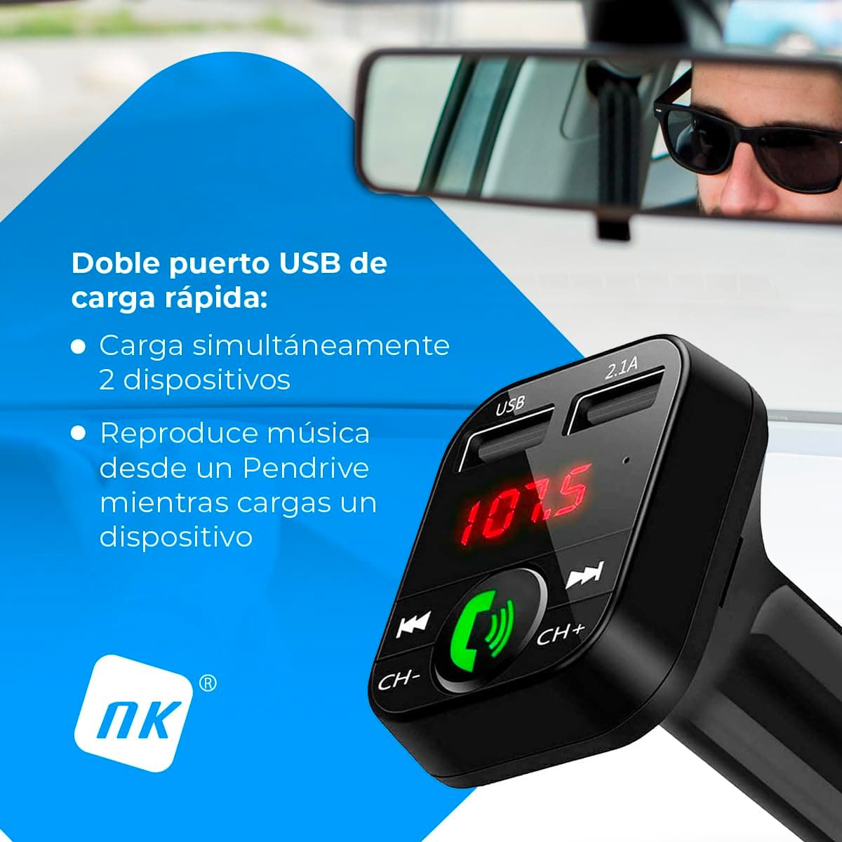 NK Bluetooth V5.0 FM Transmitter for Car and Truck 12/24 V Hands-Free, Music Player +EDR, Adapter Radio Receiver, Dual USB Port Quick Charge 2.1A, NK-FM2102 — view 7