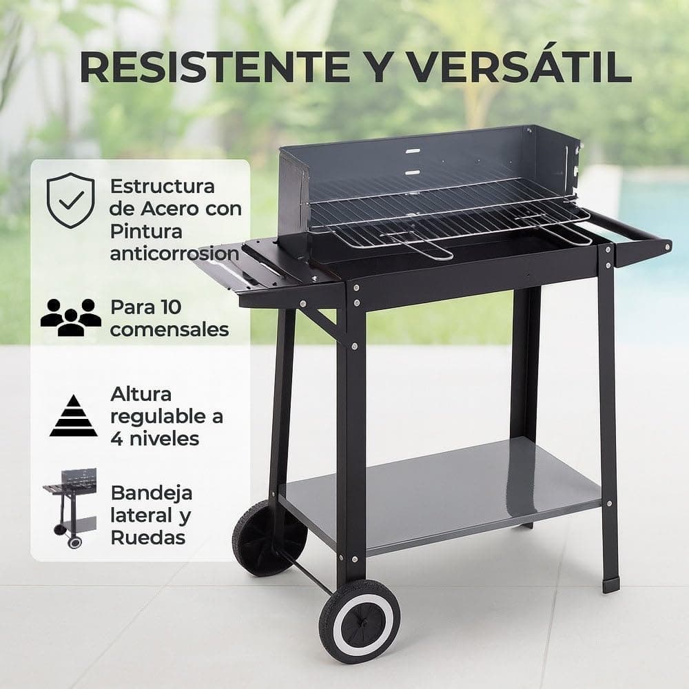 MONTY Barbacoa de Carbón Rectangular de Acero con Bandeja Lateral y Ruedas para Transporte - 10 Comensales, Parrilla 48x29 cm - Dimensiones 85x40x84 cm - Color Negro - Sencillo Montaje y Guardado — view 3