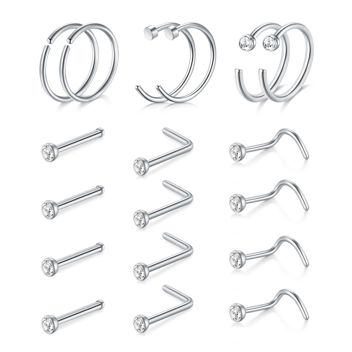 AVYRING Nose Rings Hypoallergenic Stainless Steel L-Shaped Nose Stud Screws with Cubic Zirconia Nose Piercing Jewellery 22G 20G 18G, Pack of 18 Pieces or 24 Pieces — view 17