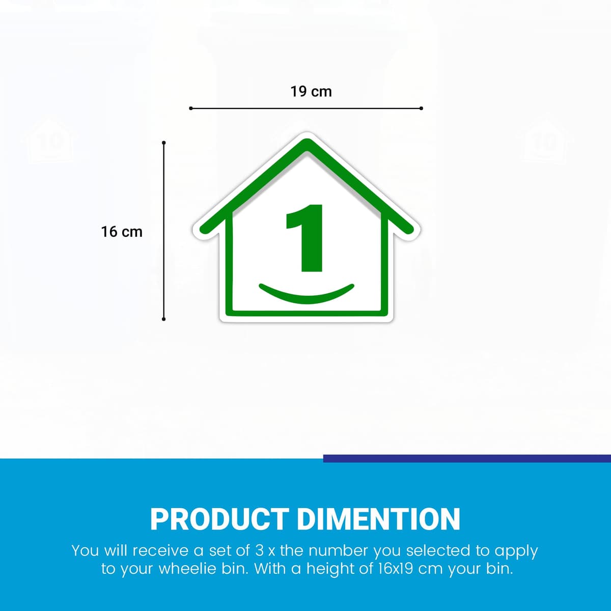 3 x Bin Numbers for Wheelie Bins, 1-99, 15cm ‘Happy House’ Colour Design Dustbin Stickers, Easy Application Stick On Number Stickers - Weatherproof Self Adhesive Vinyl – Blue, Black and Green (1) — view 6