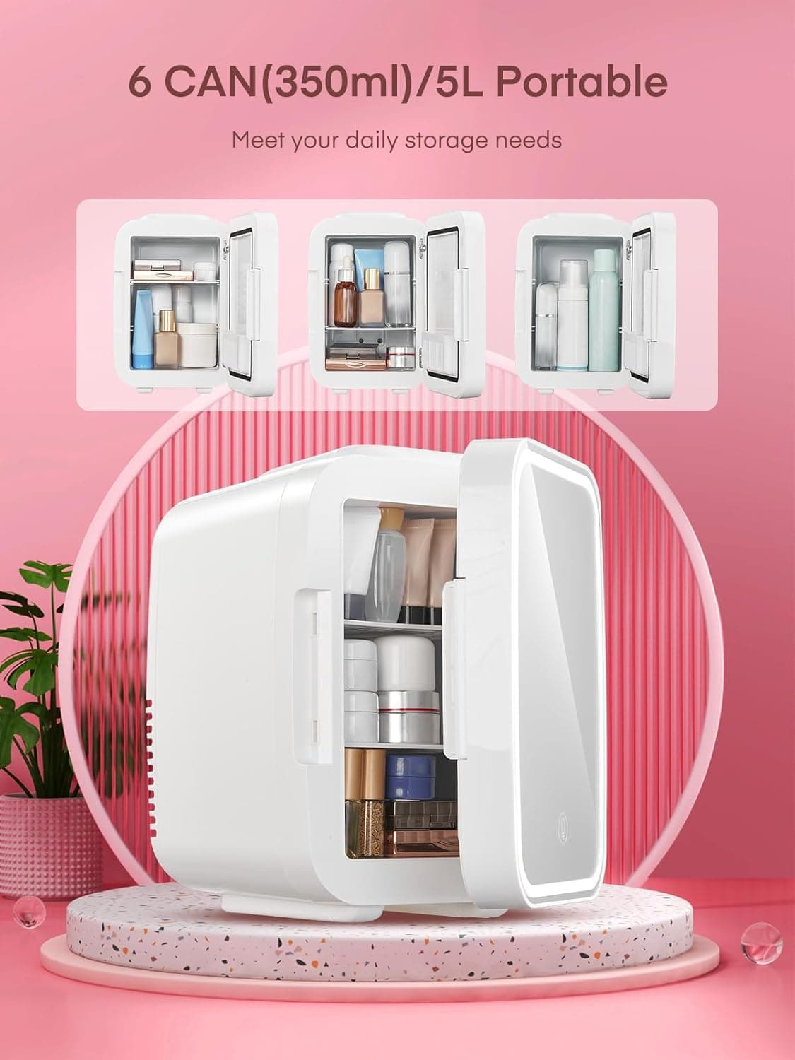 FOHERE Mini Fridge for Bedrooms, 5L/6 Can Portable Skincare Fridge with Dimmable LED Light Mirror, Cooler & Warmer for Food, Drinks and Cosmetic, Small Refrigerator for Home Office — view 3