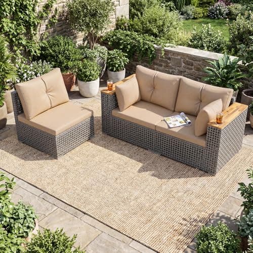Tangkula 86.5" Large 3-Seat Patio Wicker Sofa, 3 Pieces PE Rattan Sectional Furniture Set with Cup Holder & Wood Armrest, Outdoor Couch with Armless & 2 Corner Sofas for Garden, Yard, Porch (Brown) — view 3