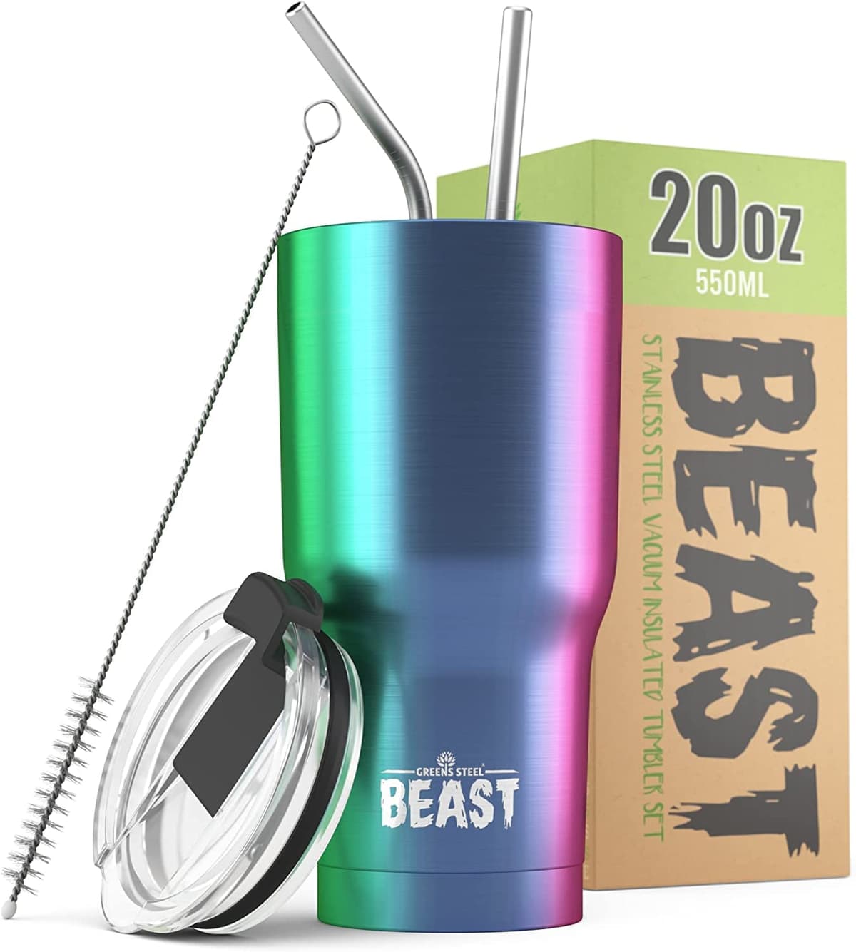 Greens Steel Beast Tumbler – 550 ml (20 oz), Coral | Vaso de acero inoxidable reutilizable con aislamiento al vacío | con 2 pajitas y cepillo de limpieza | Termo de viaje de doble pared — view 73
