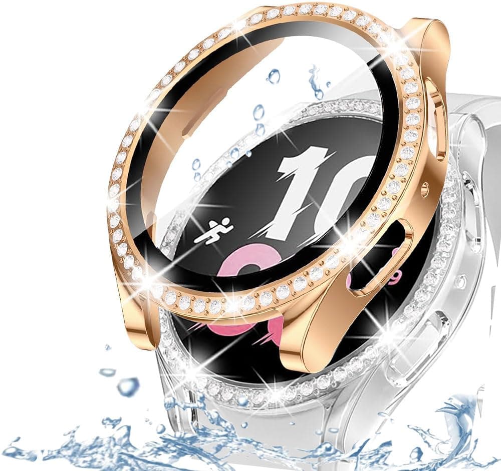 DEALELE [2-PACK] Case Compatible with Samsung Galaxy Watch FE / 5/4 40mm, Bling Double-row Diamond PC Protective Case Protector Cover, 40mm, Rose gold + Transparent — view 40