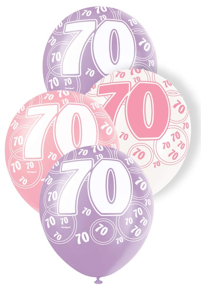 Unique Party 80879 - 12" Latex Glitz Pink 70th Birthday Balloons, Pack of 6