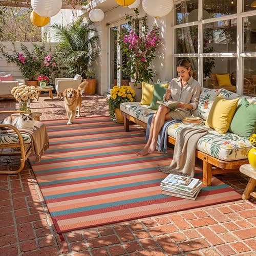 PureCozy Outdoor Waterproof Patio Rug 5x8 Plastic Straw Reversible Outside Orange Red Colorful Stripe Carpet Lightweight Large Rug for Camping RV Porch Deck Balcony Beach — view 2