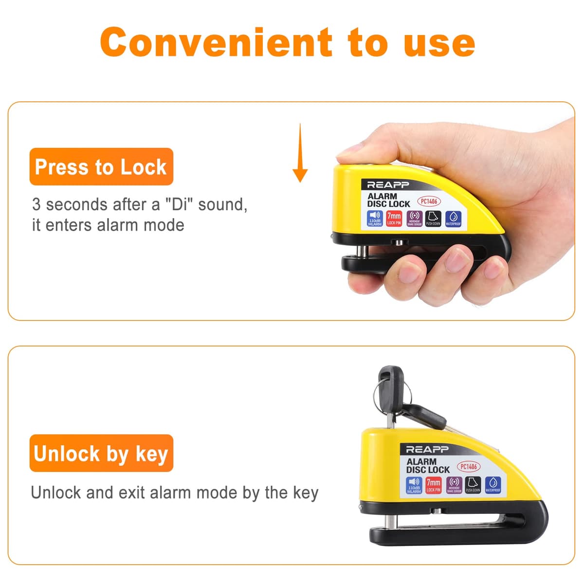 REAPP Alarm Disc Lock Motorbike Lock, Disc Brake Lock 110db with Reminder Cable and Carry Pouch, High Security Disc Lock for Motorcycle Bike Moped Motocross — view 5