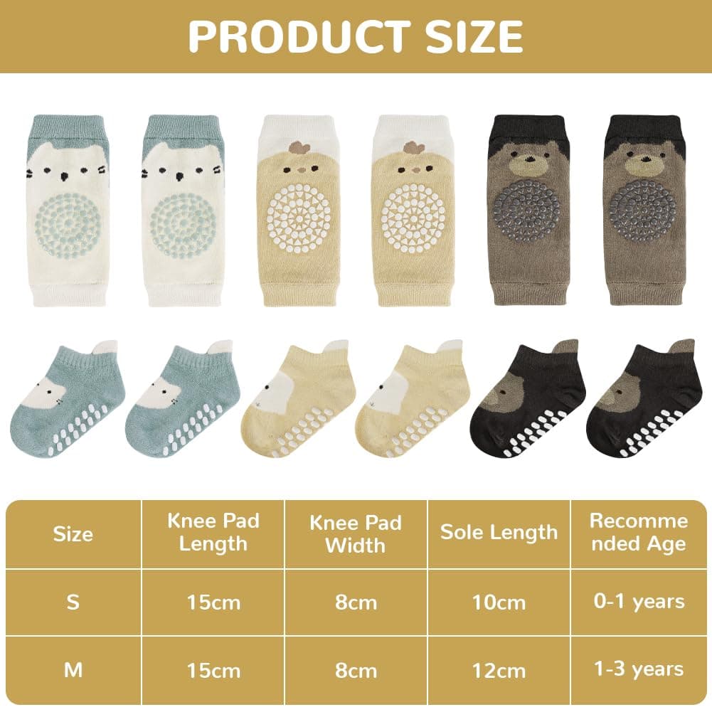 AOOTE Juego de 3 pares de rodilleras para bebés y 3 pares de calcetines para gatear, con puntos de goma, para niños y niñas — view 2