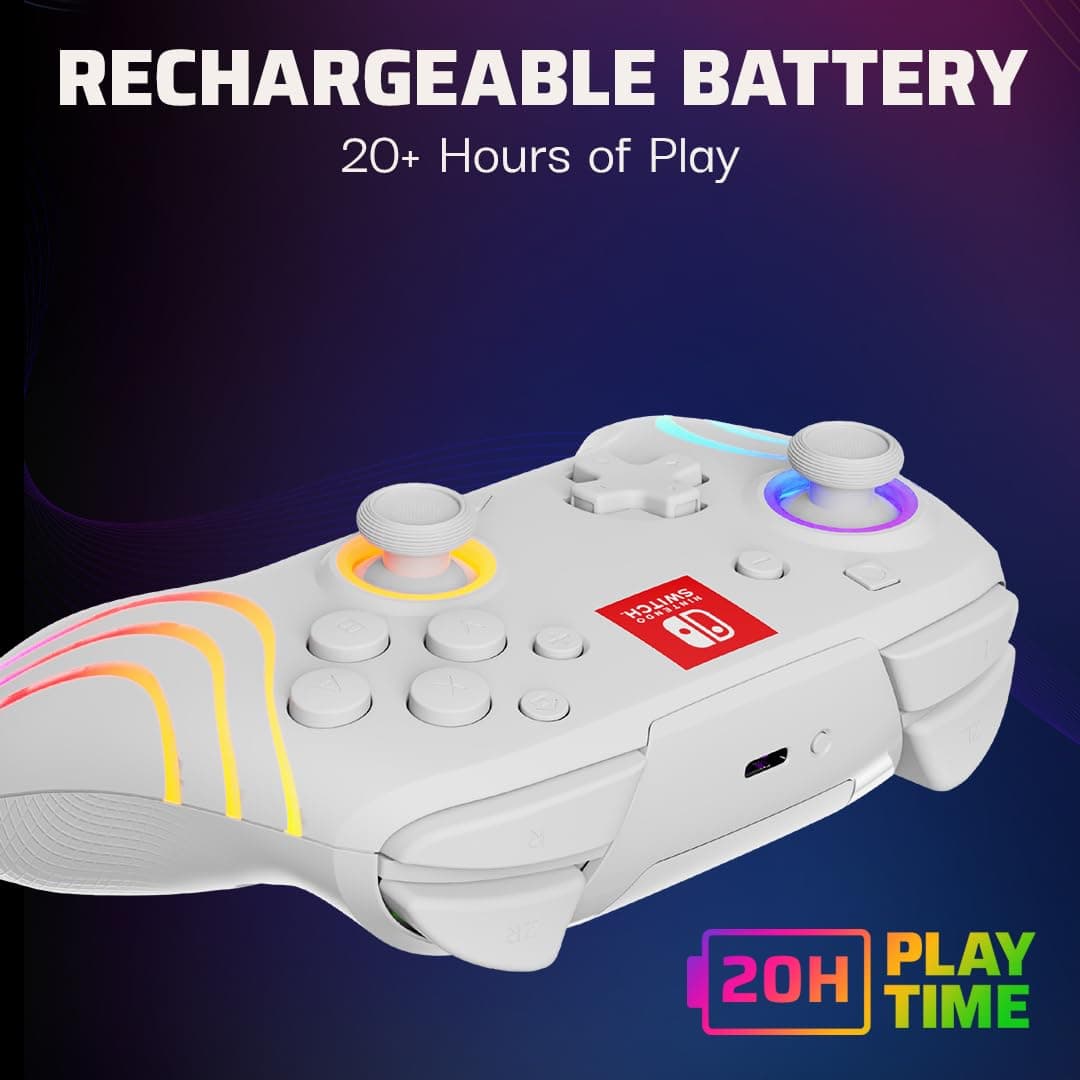 PDP Afterglow Wave Wireless Pro Controller with Full Motion for Nintendo Switch, Nintendo Switch - OLED Model, 8 RGB LED Lighting Zones, 30 Foot Range, 20 Hour Rechargeable Battery White — view 3