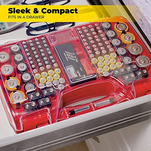 Ontel Battery Daddy Storage & Organizer Case w/Tester, Stores & Protects Up to 180 Batteries, Double-Sided, Clear Locking Lid, Secure Latches & Portable Carrying Handle - Red (Batteries Not Included) — view 2