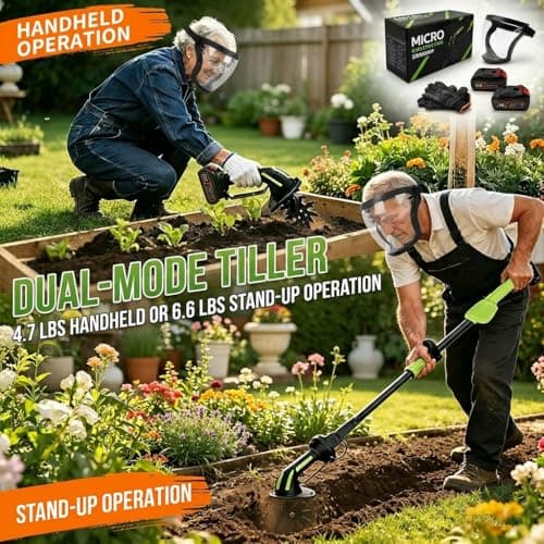 2026 New 24V 2 in 1 Cordless Tiller and Cultivator with Extension Pole,Cordless Tiller Cultivator,Handheld Tiller and Hand Held Cultivator for Garden,Weeding, Trenching (Green(2*Battery+1*Pole))