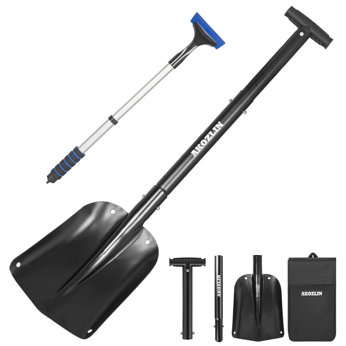 Pala telescópica de emergencia para nieve con raspador de hielo y bolsa de transporte, plegable, de aluminio, de 21.2 a 32.3 pulgadas, pala de emergencia retráctil ligera para coche, moto de nieve