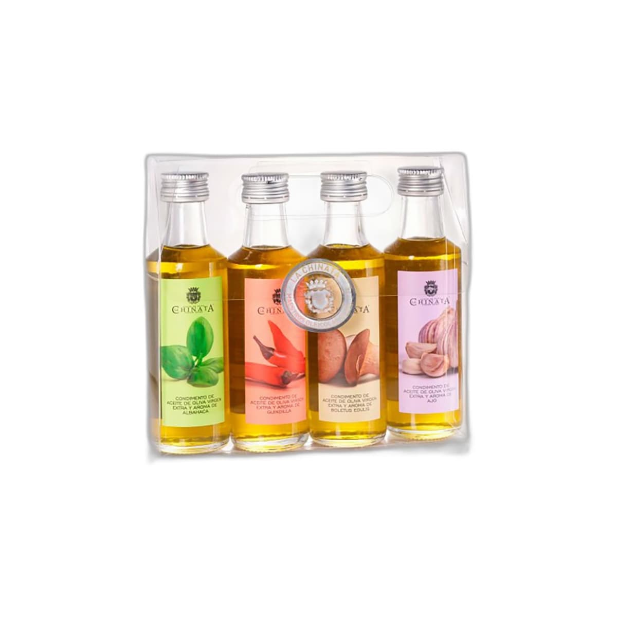 La Chinata Estuche 4 Condimentos con AOVE | Selección de Aceites de Oliva Virgen Extra Aromatizados (Albahaca, Guindilla, Boletus y Ajo) | Pack Gourmet | Regalos | 4x100ml