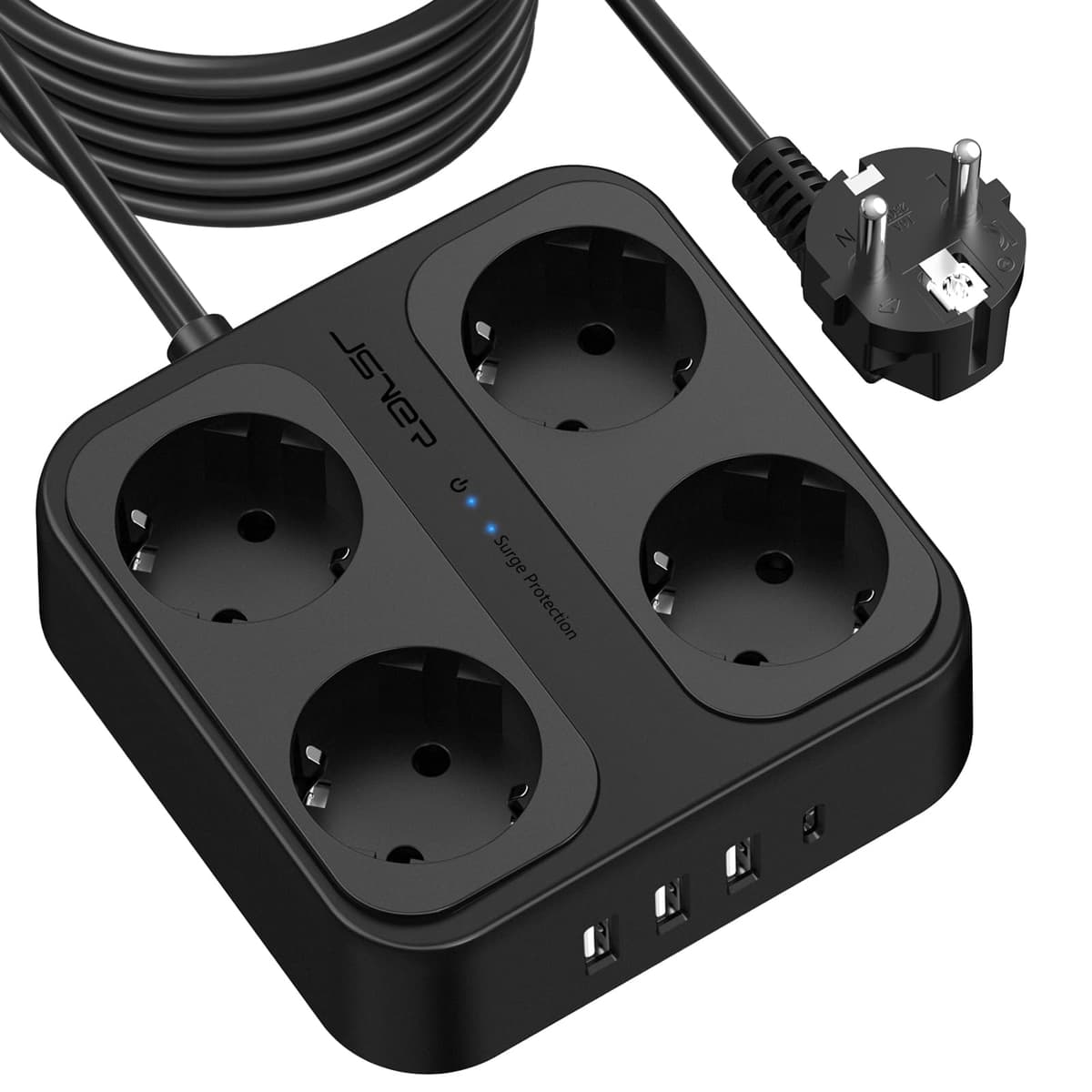 JSVER Regleta Enchufes USB, Proteccion Sobretension con 8 Toma de Corriente y 4 Puertos(5V3,4A) Estación de Carga Inteligente Tomas Alargadora con Cable 1.8m-Negro — view 19
