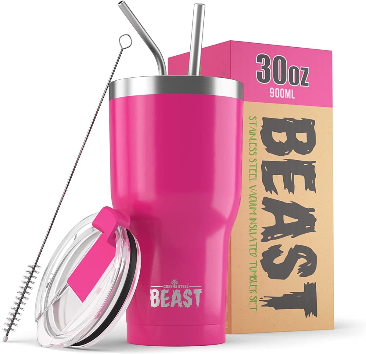 Greens Steel Beast Tumbler – 550 ml (20 oz), Coral | Vaso de acero inoxidable reutilizable con aislamiento al vacío | con 2 pajitas y cepillo de limpieza | Termo de viaje de doble pared — view 65