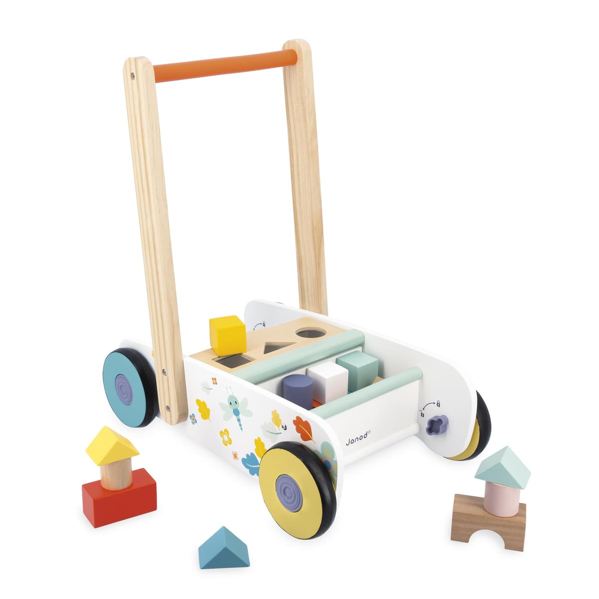 Janod - Carrito para bebés y niños de Madera A Partir de 12 Meses - 18 Piezas de Madera Incluidas + Caja con Forma - Ruedas silenciosas + Sistema de Freno - A Partir de 1 año — view 2