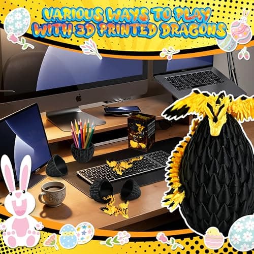 Impossmaker 3D Printed Fly Dragon Egg, Prefilled Easter Eggs Basket Stuffers, Cool Articulated Easter Dragon Gifts Toys, 3D Printer Animals Fidget Dinosaur Toys for Boys Kids Teen (Gold-in-Black) — view 6