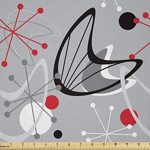 Ambesonne Mid Century Fabric by The Yard, Scientific Inspirations in Fifties Art Design Atomic with Abstract Shapes, Microfiber Fabric for Arts and Crafts Textiles & Decor, 1 Yard, Grey Black Red