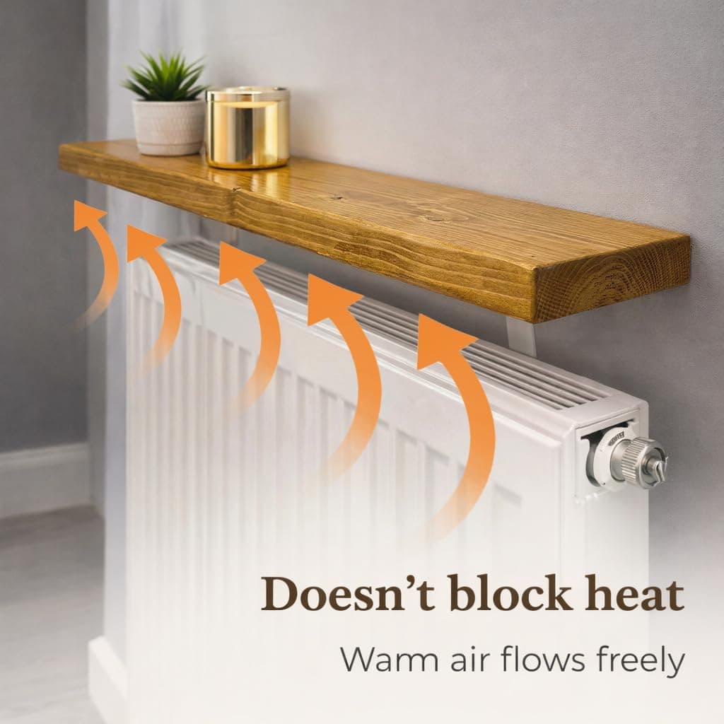 MKGT No Drill Radiator Shelf – Solid Wood Floating Shelf for Hallway & Living Room – Handmade in UK Radiator Cover Top Shelf with Brackets (Rustic Pine, 90cm) — view 4