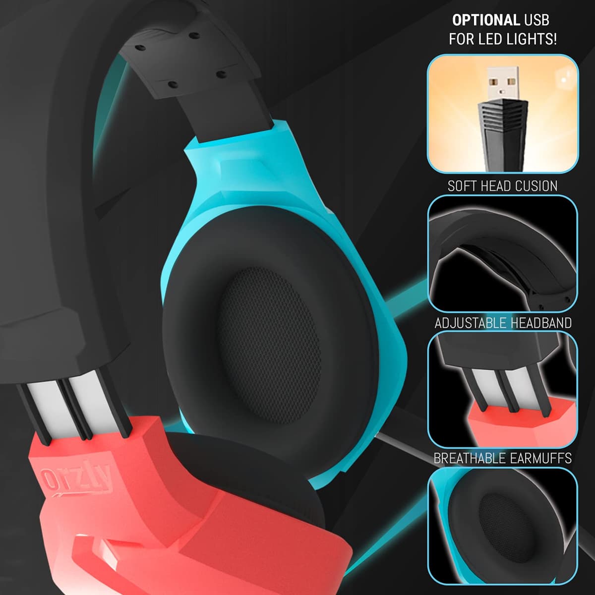 Orzly Auriculares Gaming Compatible con PS5, PS4, PC, Xbox, Nintendo Switch, con microfono Sonido Premiun RGB Luz LED, cancelación de Ruido - Hornet RXH20 Tanami Edicion — view 4
