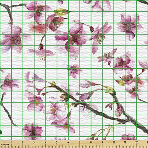 Ambesonne Cherry Blossom Fabric by The Yard, Watercolor Style Oriental Pattern with Sakura Branch, Decorative Fabric for Upholstery and Home Accents, 1 Yard, Green Pink