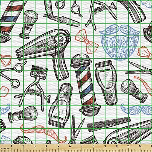 Lunarable Retro Fabric by The Yard, Barber Shop Accessories Monochrome Doodle Style Composition and Beard with Mustache, Decorative Fabric for Upholstery and Home Accents, 1 Yard, Blue Red