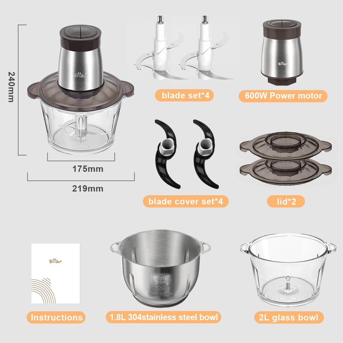 Bear 2L+1.8L 600W Electric Food Processors & Chopper with Glass Container and 304 Stainless Steel Container, 2 Speed Settings, 4 Stainless Steel Blades for Chopping Meat, Baby Food, Fruit, Vegetable — view 7
