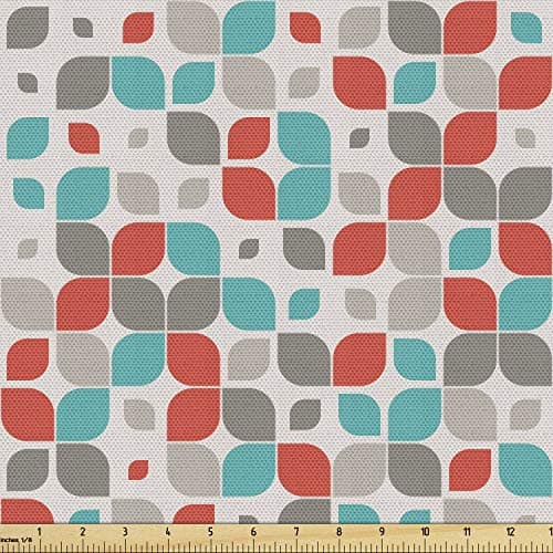 Ambesonne Retro Fabric by The Yard, Old Fashioned Style Abstract Mosaic Grid Inspired Floral Pattern Classical, Decorative Fabric for Upholstery and Home Accents, 1 Yard, Turquoise Grey