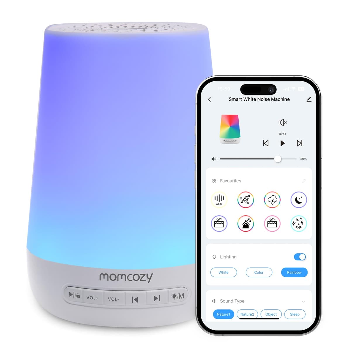Baby Sound Machine, Momcozy White Noise Machine for Baby Sleeping with Night Light, Toddler Sleep Trainer with 34 Soothing Sounds, Timer, App Remote Control, Personal Sleep Routine(Wood Grain) — view 9