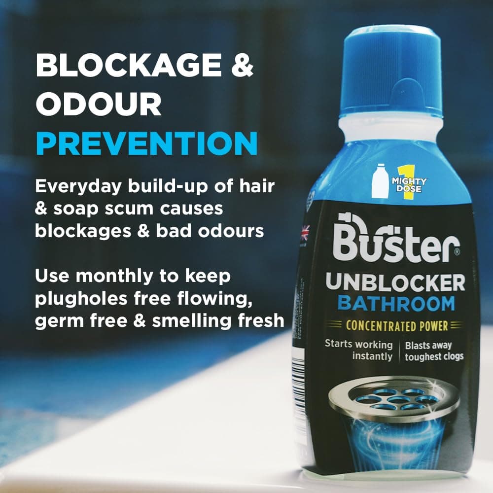 Buster Bathroom Drain Unblocker (Pack of 2 x 300ml) Fast-Acting Sink Unblocker Dissolves Hair, Sludge and Soap, Drain Cleaner Clears Blockages in Shower, Bath and Bathroom Sink Pipes - Made in UK — view 5