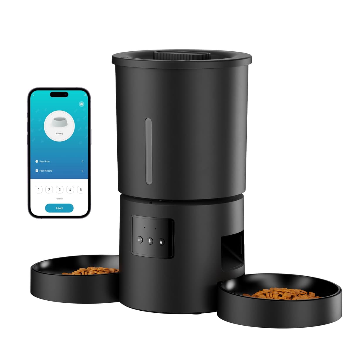 Comedero Gato Automático Doble & App: Dispensador Automático de 5L con WiFi 2.4G y Temporizador para Comida Seca - Diseño de Comedero Doble AONBOY para Múltiples Gatos y Perros - Negro