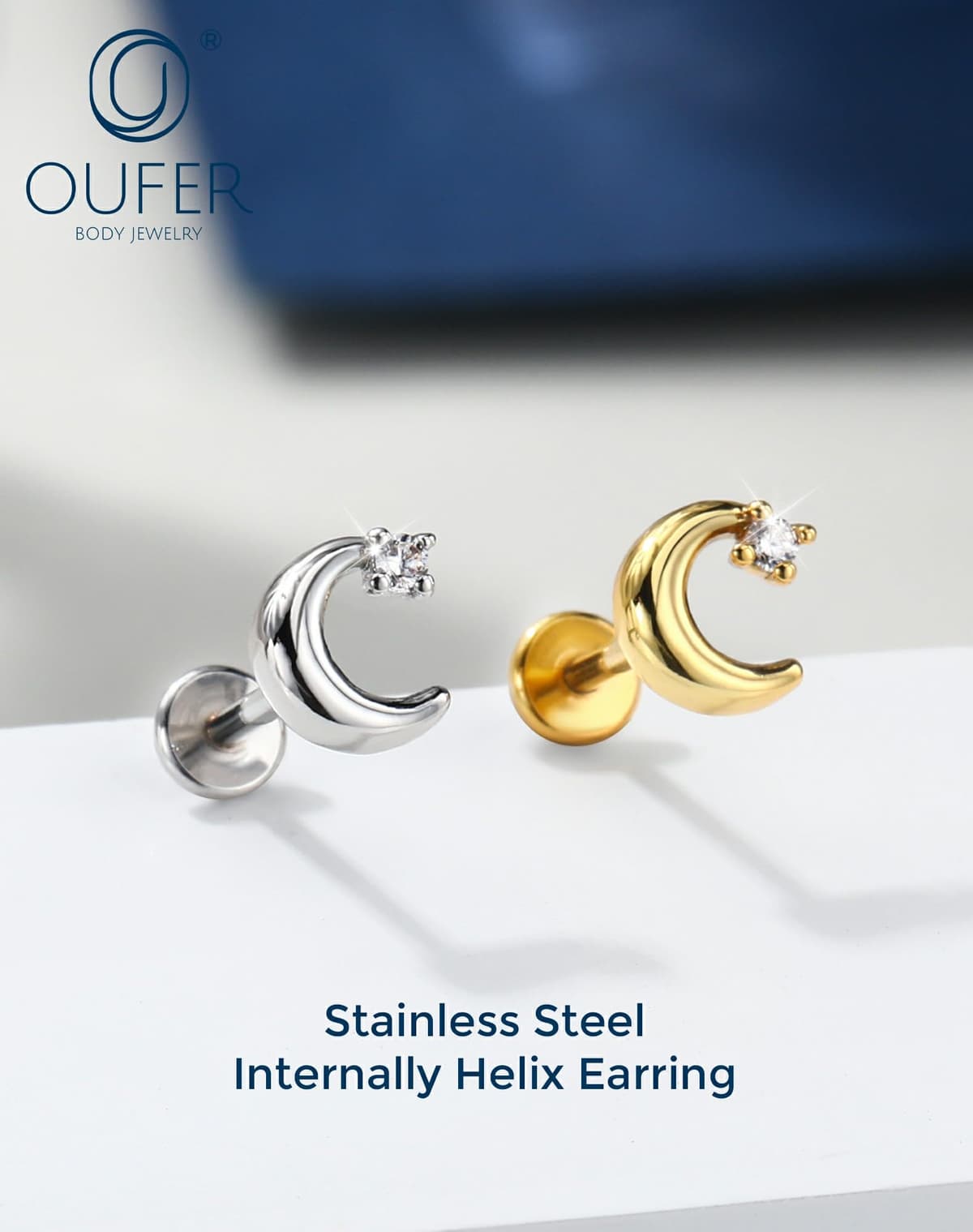 OUFER Body Piercing Helix Stud 18G Stainless Steel Moon CZ Labret Piercing Jewelry Internally Threaded 6mm Bar Gold/Silver Cartilage Earring Tragus Lip Piercings for Women — view 4