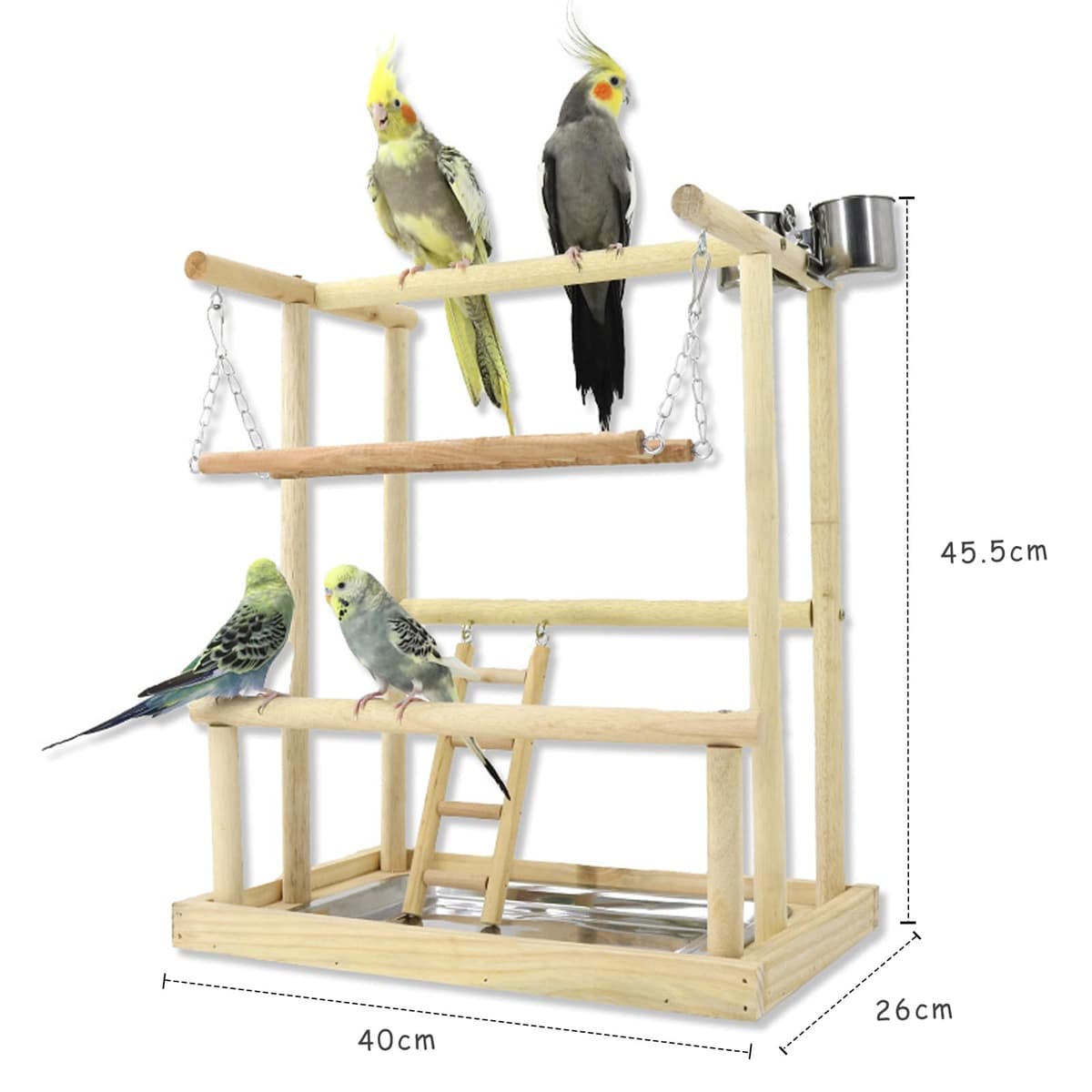 Parque de Juegos para Pájaros Gimnasio para Aves Stand Área de Juego con Soporte Perchas Columpio Escalera Bandeja para Agapornis, Loros, Madera, Tamaño 40x26x45.5 CM — view 2