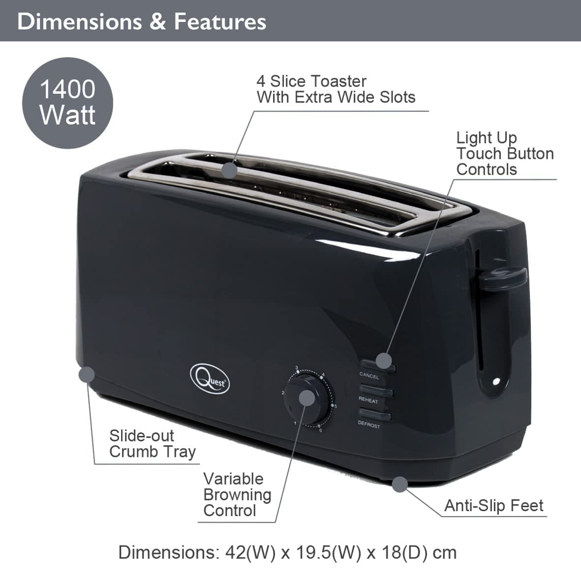 Quest 4 Slice Toaster Black - Extra Wide Long Slots for Crumpets and Bagels - 6 Settings - Reheat and Defrost — view 3
