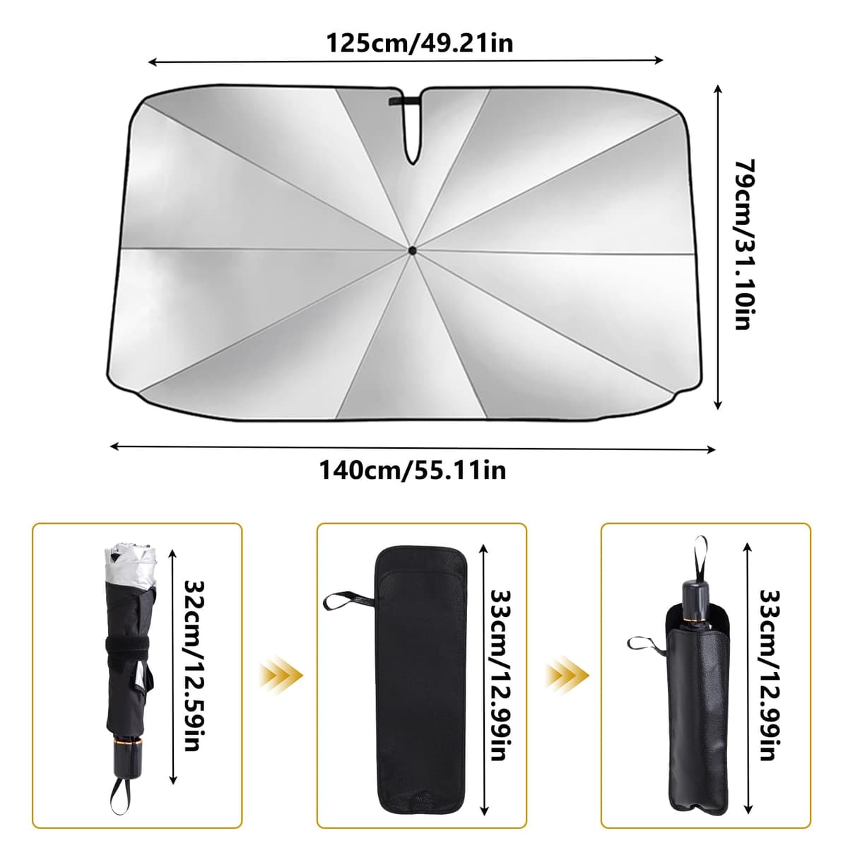 Car Windshield Sun Shade Umbrella, Foldable Windscreen Sunshade 360° Rotatable & Bendable, UV Protection Front Window Sunshade for Cars SUV Truck (140 x 79 cm) — view 2