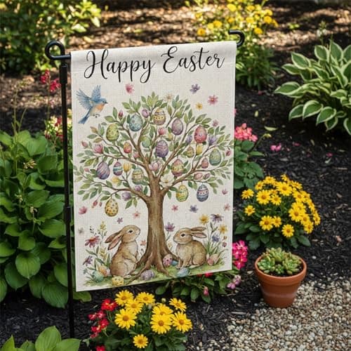 SMBLCE Happy Easter Garden Flag 12 x 18 Inch Double Sided Outside Flag, Easter Eggs Tree Bunny Yard Outdoor Easter Holiday Decoration